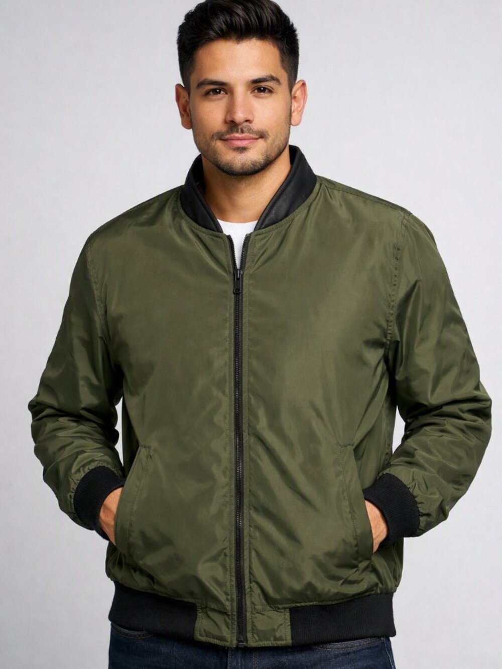 Zara Moto Bomber Jacket In Green, Black Faux Leather Band Collar Size: Large